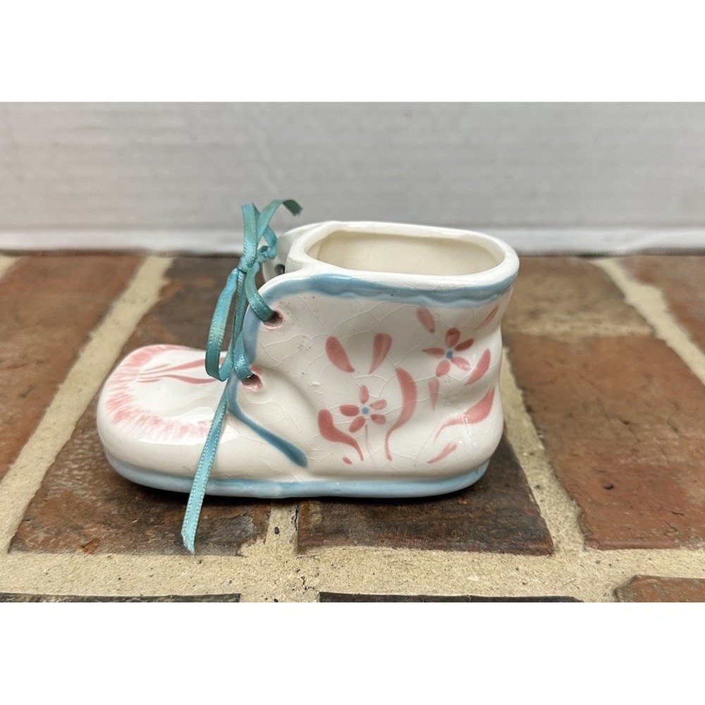 Baby Bootie Ceramic Planter Japan Napco Vintage White Pink Blue Ribbon Floral